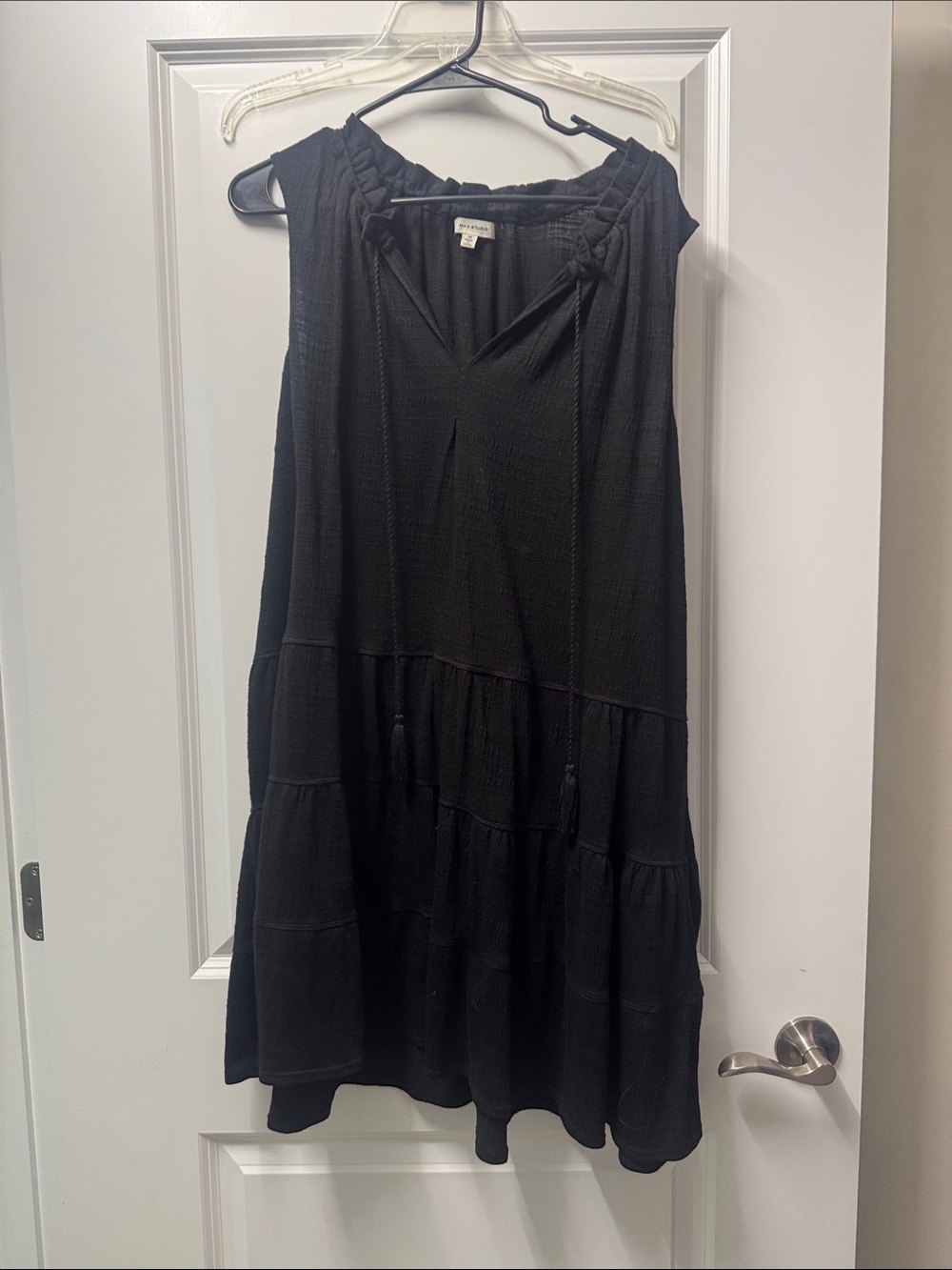 Sleeveless Black Tiered V-Neck Dress with Drawstring